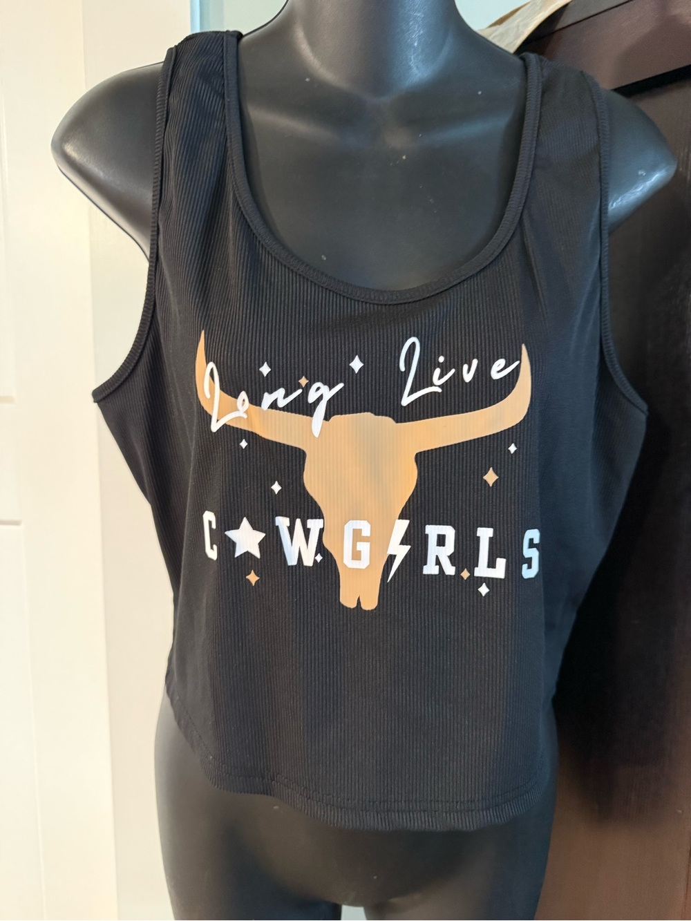 4/$16 Source Unknown Black Tank Top with Tan and White Graphic